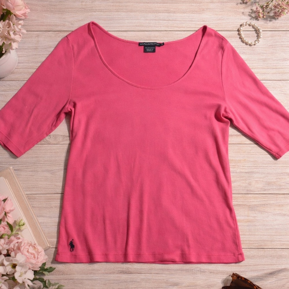 Ralph Lauren Sport XL Pink Scoop Neck 3/4 Sleeve Top Preppy Casual Women- Pink